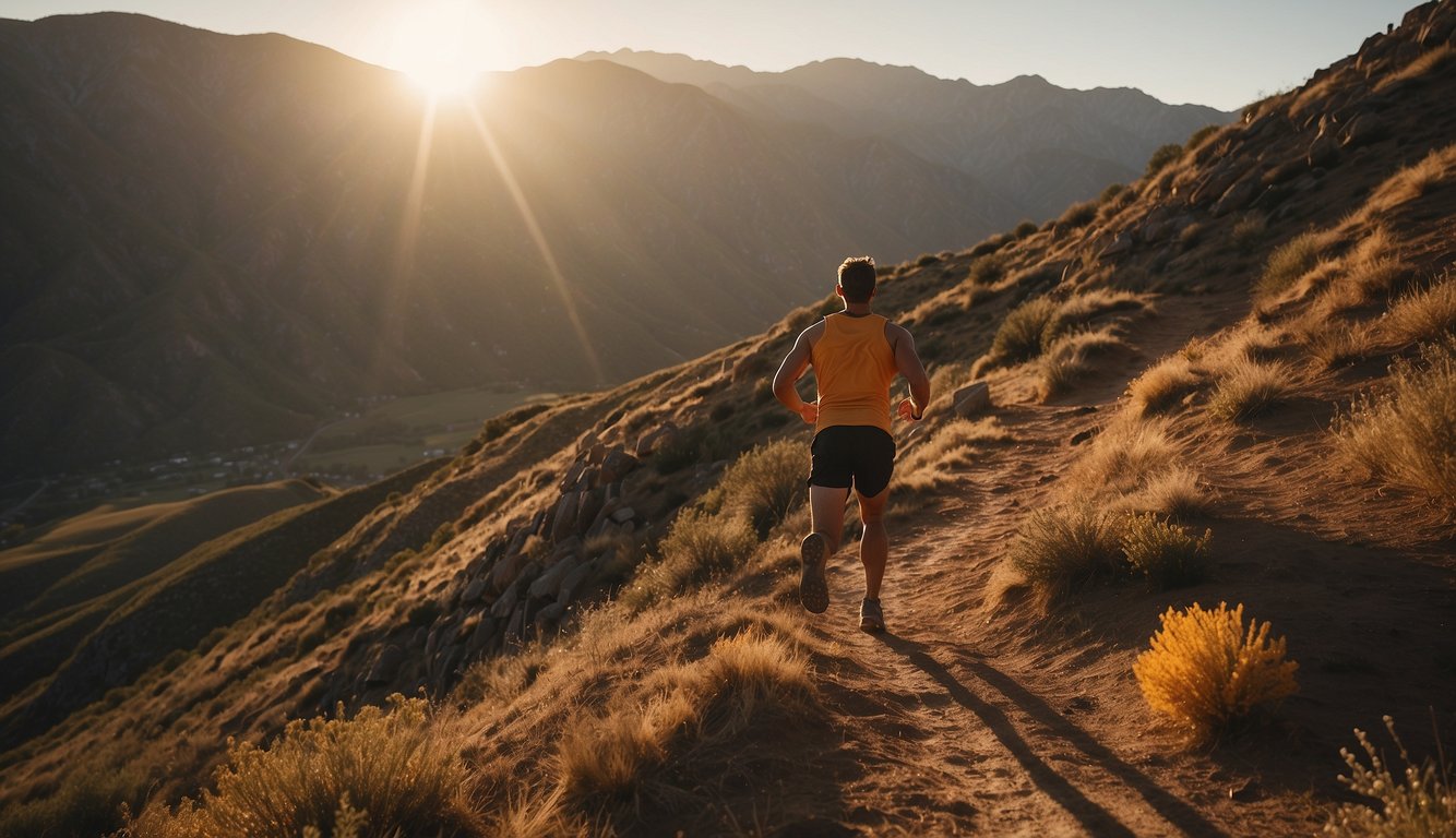A trail runner sprints up a steep incline, then slows to a brisk walk. The sun sets behind the mountains, casting a warm glow over the rugged terrain