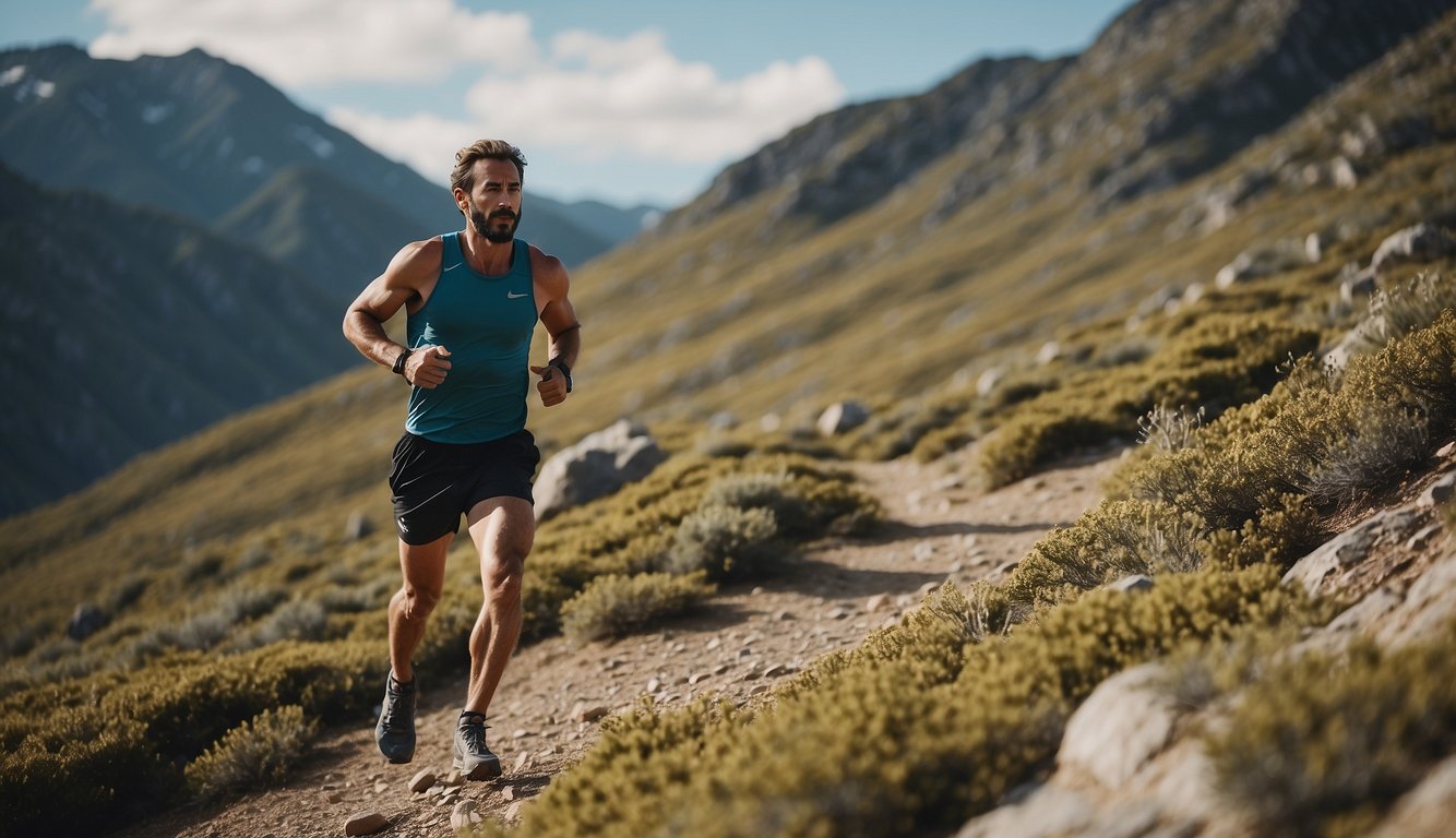 A trail runner navigates rugged terrain, incorporating interval training to prevent injury and improve safety