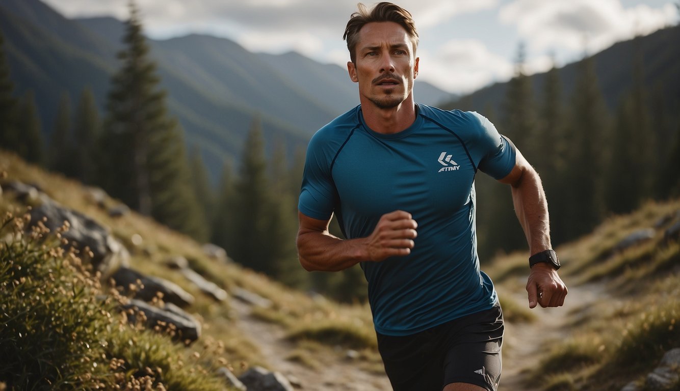 A trail runner races up and down steep terrain, alternating between sprints and recovery periods. The runner's heart rate increases and decreases, demonstrating the benefits of interval training for overall health and performance