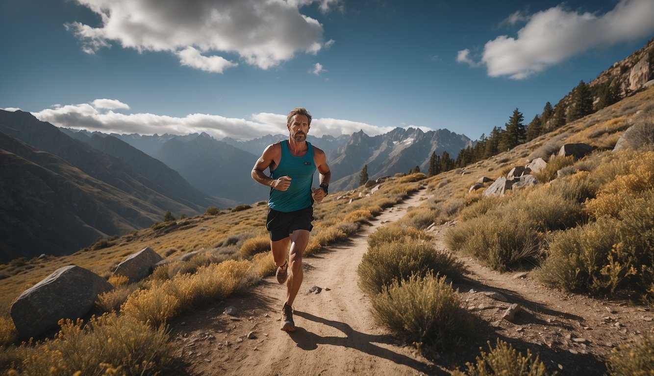 A trail runner pushing through exhaustion, surrounded by scenic nature, with a determined expression and a sense of perseverance despite mental fatigue