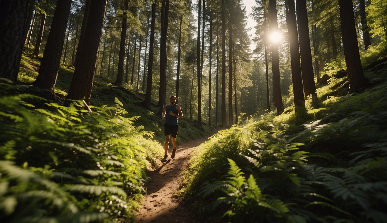 A trail runner pushes through mental fatigue, surrounded by lush forest and steep terrain. The sun shines through the trees, casting dappled shadows on the winding path ahead