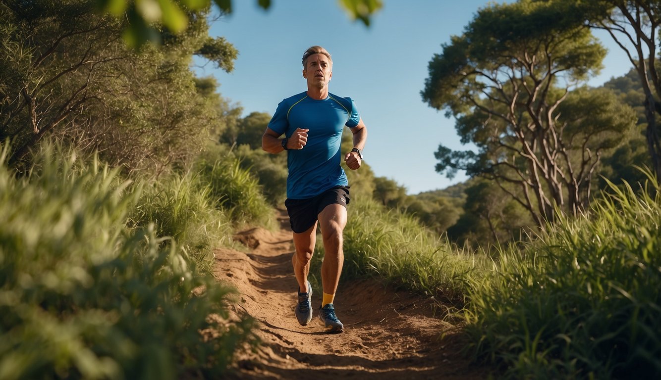 A runner conquers a challenging trail, surrounded by lush greenery and a clear blue sky, exuding determination and perseverance