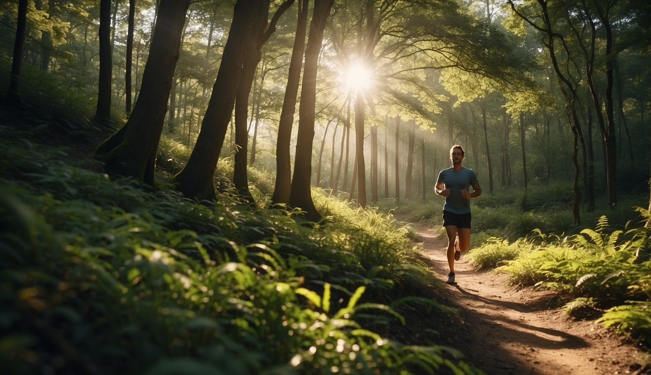 A winding trail cuts through a lush forest, with sunlight streaming through the trees. A runner is seen pushing through mental fatigue, determined to overcome burnout