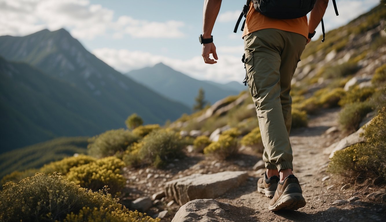 A figure navigates a rugged trail, knees, ankles, and hips protected by supportive gear and mindful foot placement