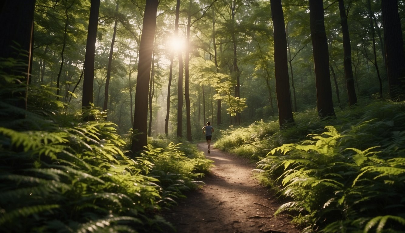 A scenic trail winds through a lush forest, with sunlight filtering through the trees. A runner navigates the path, surrounded by the beauty of nature, while their joints are protected by proper footwear and form