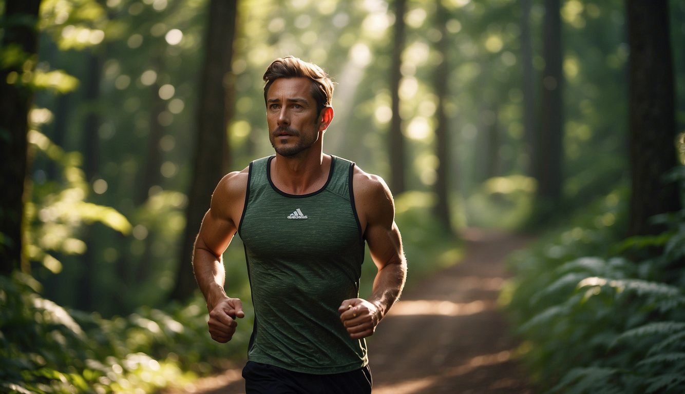 A runner on a forest trail, surrounded by lush greenery, with sunlight filtering through the trees. The runner appears relaxed and focused, exuding a sense of calm and tranquility