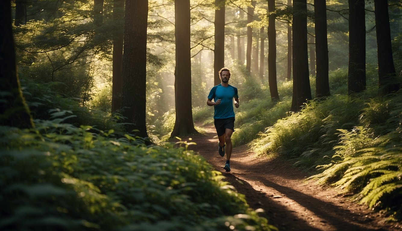 A runner traverses a serene forest trail, surrounded by lush greenery and dappled sunlight. The rhythmic sound of their footfalls and steady breathing create a sense of calm and focus, providing a meditative escape from everyday stress