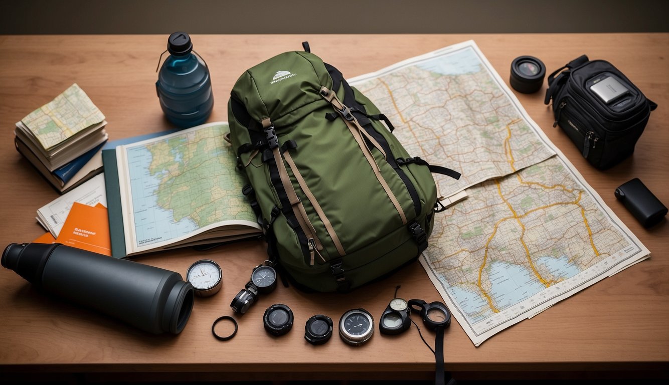 Hiking gear laid out on a table, with a map, compass, and trail-specific training guide. A backpack and water bottle sit nearby