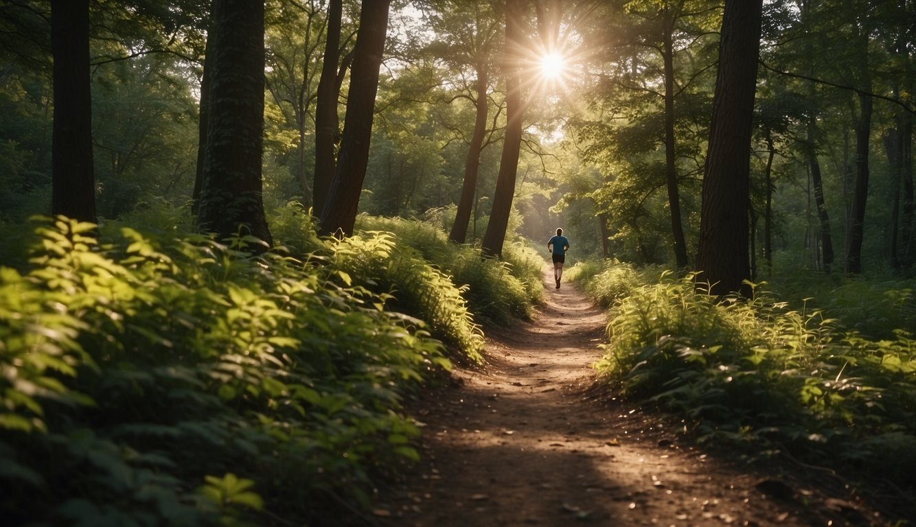 A forest trail winds through a peaceful landscape, with dappled sunlight filtering through the trees. A runner is seen in the distance, surrounded by nature, breathing in the fresh air