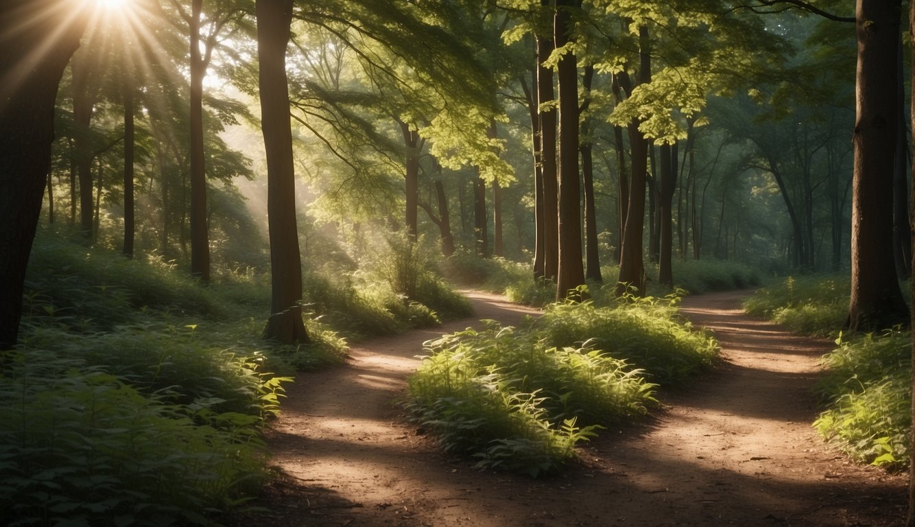 A peaceful forest trail winds through tall trees, with dappled sunlight filtering through the leaves. The path is surrounded by lush greenery and the sound of birds chirping, creating a serene and calming atmosphere