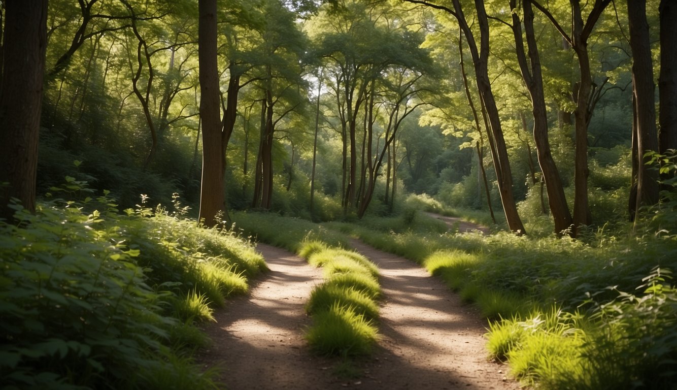 A winding trail cuts through a peaceful forest, dappled sunlight filtering through the trees. The path is surrounded by lush greenery and the sound of birdsong fills the air, creating a serene and calming atmosphere