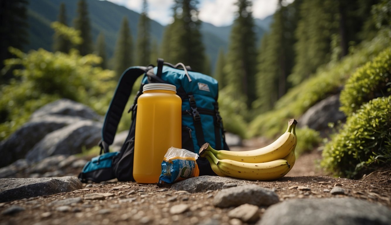 A trail runner's backpack spills out energy bars, bananas, and sports drinks onto a rocky path, surrounded by towering trees and distant mountain peaks