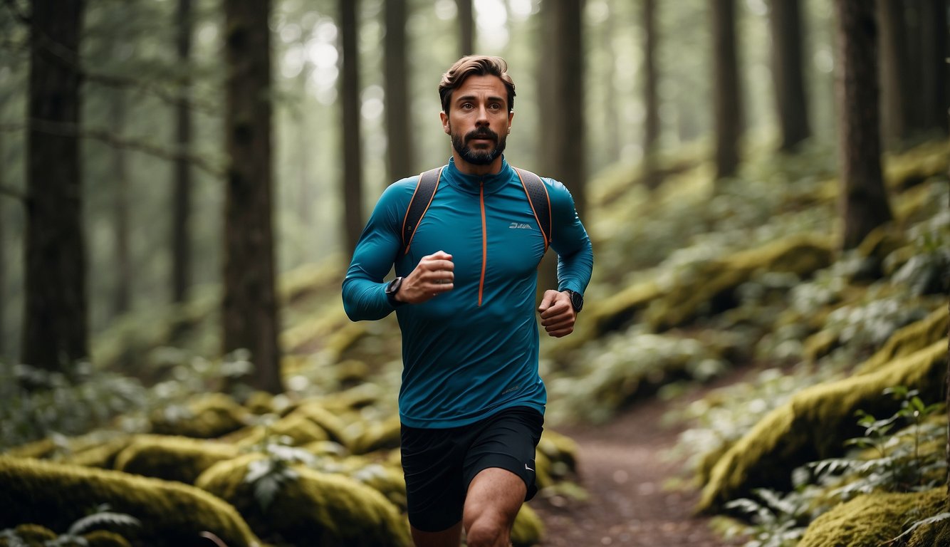 A trail runner wearing a heart rate monitor, running through a scenic forest with varying terrain, checking the monitor frequently