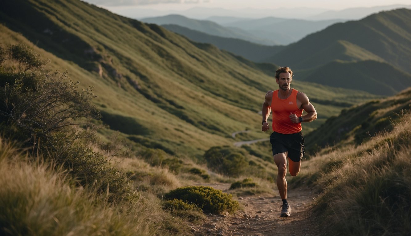 A lone runner ascends a rugged trail, muscles straining, lungs working hard. The hill looms ahead, challenging but inviting. The surrounding landscape is lush and wild, with the promise of strength and endurance
