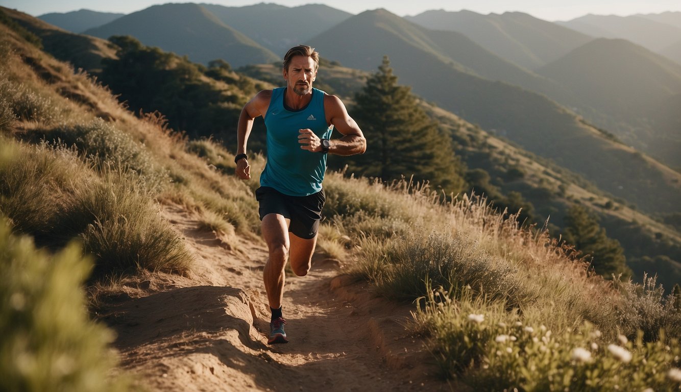 A trail runner ascends a steep hill, utilizing advanced techniques for hill repeats. The progression and benefits of this training method are evident in the runner's determined stride and focused expression