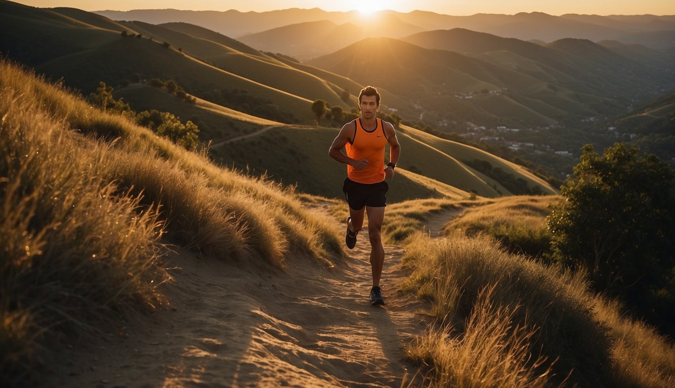 A runner conquers a steep, winding trail, muscles straining, heart pounding. The sun sets behind the hills, casting long shadows