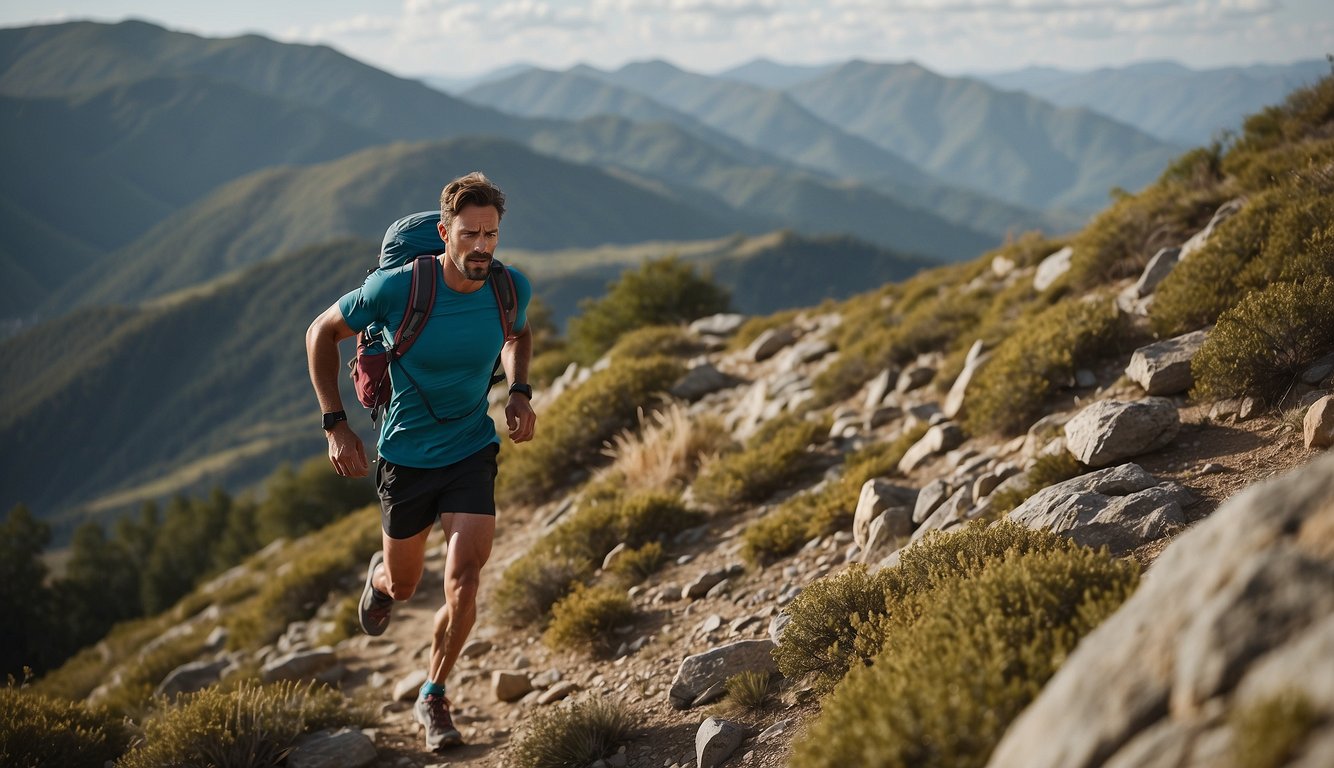 A trail runner ascends a steep hill, focusing on form and pace. The terrain is rugged, with rocks and roots. The runner wears proper footwear and carries a hydration pack