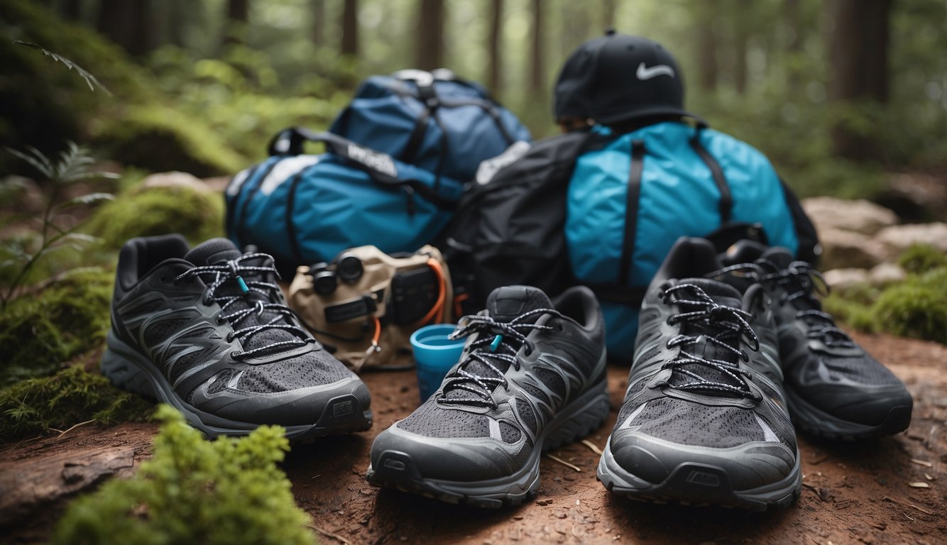 Trail running gear laid out: running shoes, moisture-wicking socks, lightweight shorts, breathable shirt, hydration pack, energy gels, sunglasses, and a hat