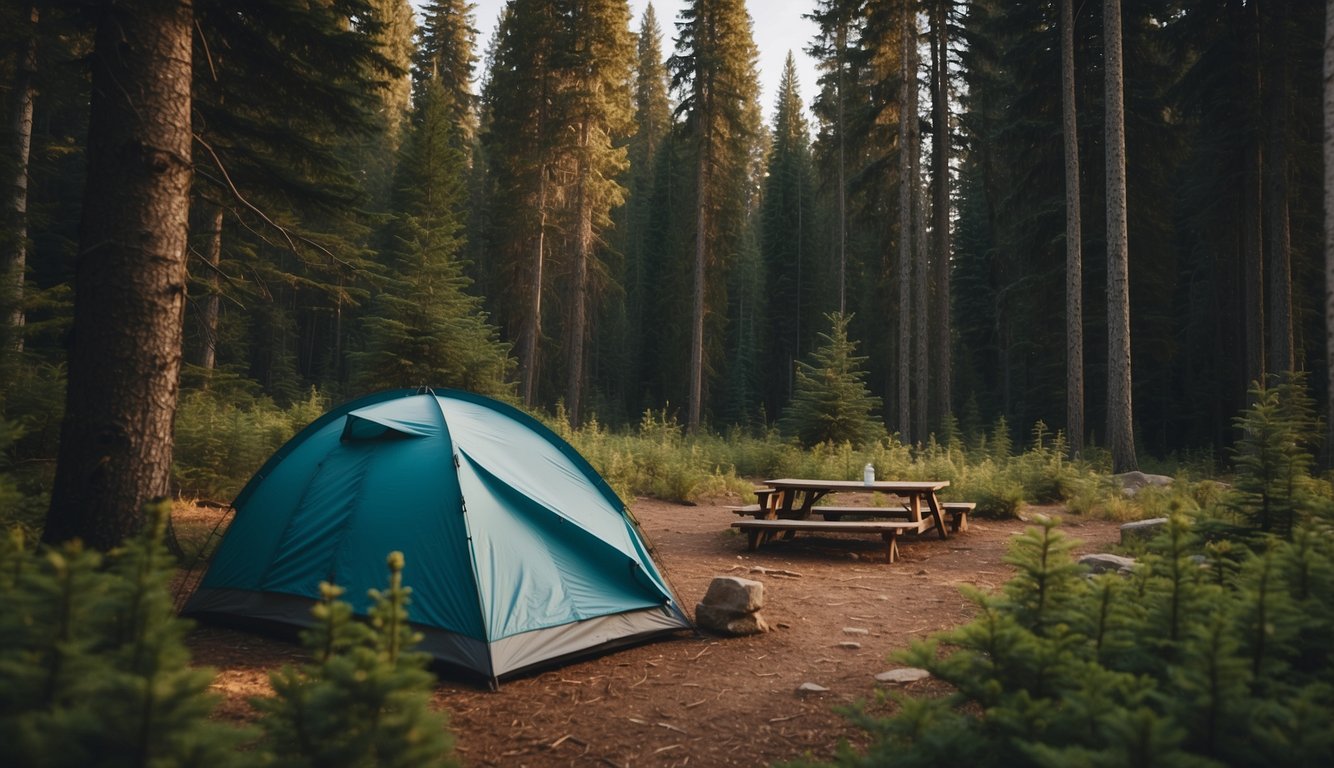 A pristine campsite with no signs of human activity, surrounded by untouched wilderness and a clear trail leading into the distance