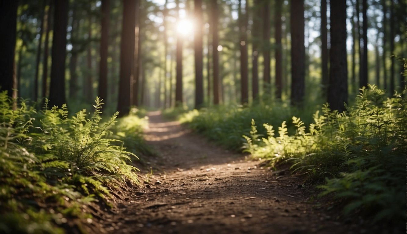 A trail winds through a forest, with minimal impact from runners. No litter or signs of disturbance, only the natural beauty of the surroundings