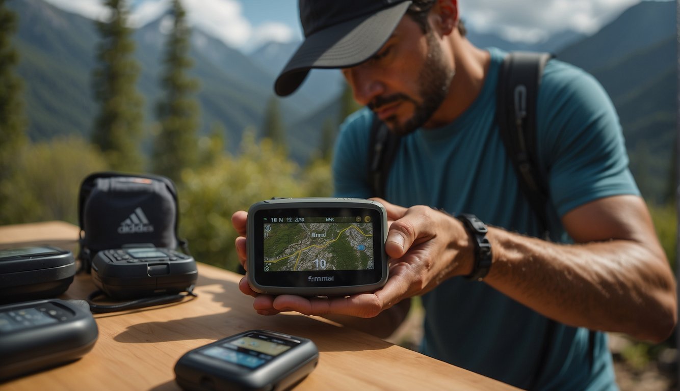 A trail runner selects a GPS device from a display of various models at an outdoor gear store, with mountains and trees visible through the window