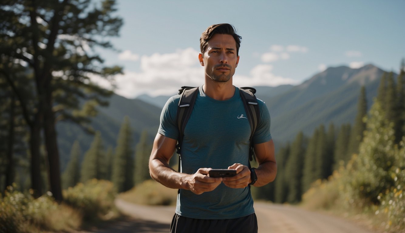 A trail runner stands at a crossroads, holding two GPS devices and pondering their features. Trees and a winding path are visible in the background