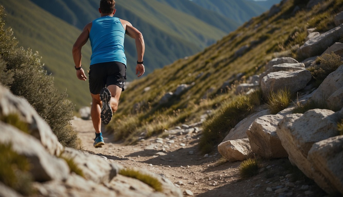 A runner descends a steep trail, using precise foot placement and controlled speed. The landscape is rugged, with rocky terrain and sharp turns