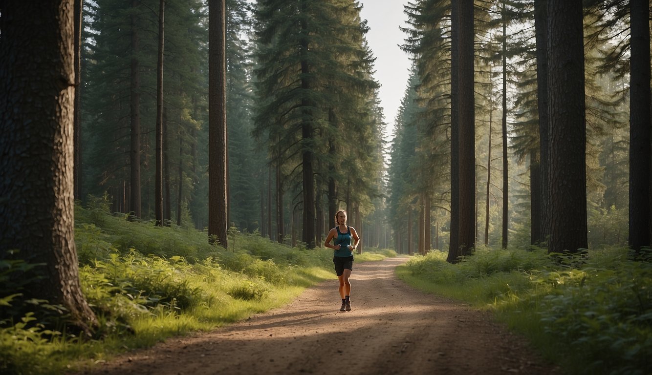 A lone trail runner pauses at a fork in the path, surrounded by towering trees. A sense of isolation is conveyed through the empty trail ahead, while the runner is engaged with the community through a trail running app on their phone