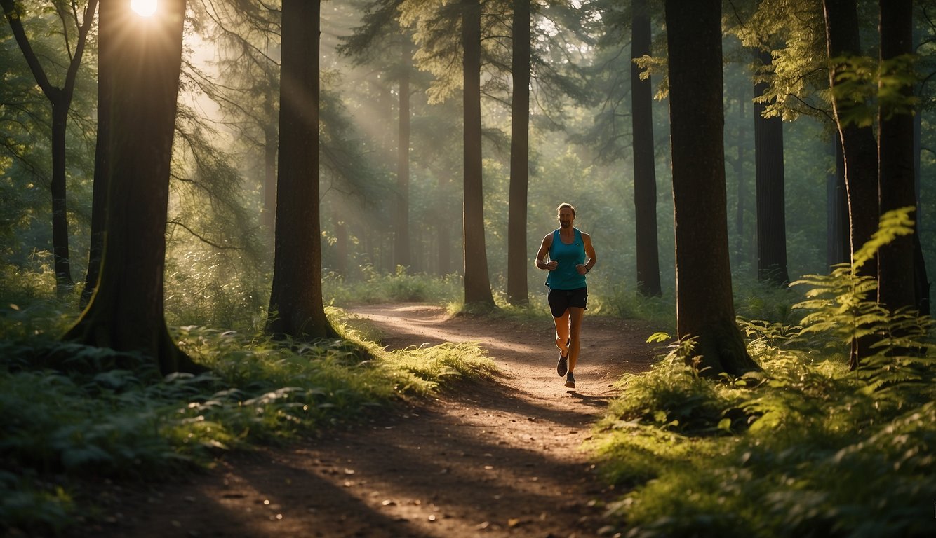 A lone runner navigates a winding trail through dense forest, surrounded by towering trees and dappled sunlight. The runner's figure is small against the expansive natural landscape