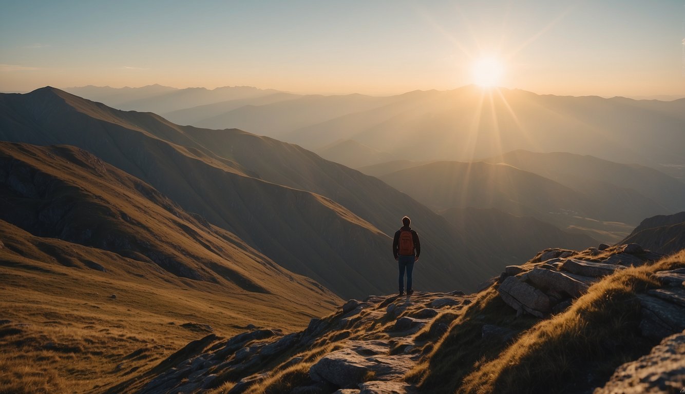 A lone figure stands atop a rugged mountain peak, surrounded by vast wilderness. The sky is clear, and the sun shines down, casting a warm glow on the serene landscape