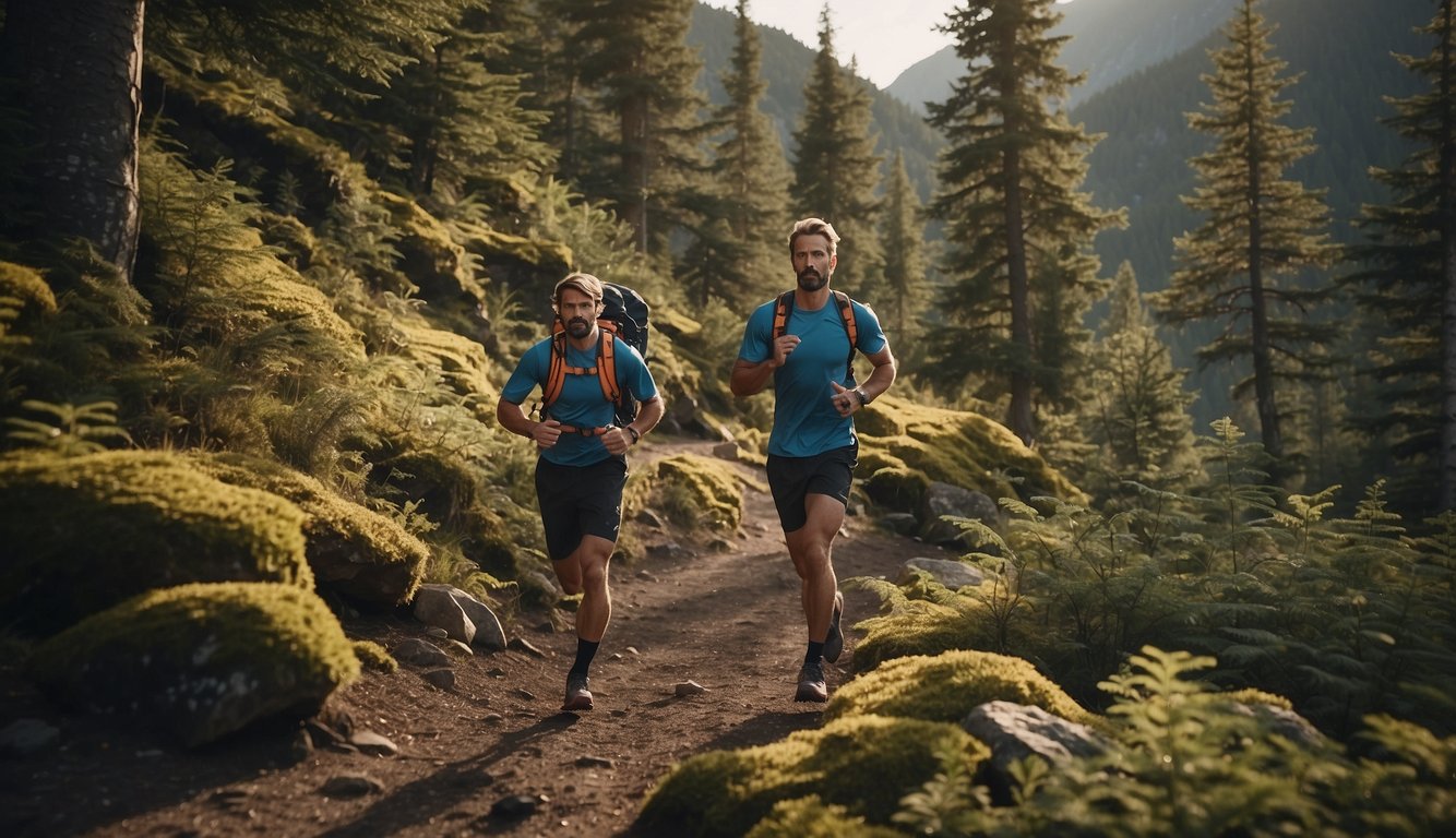 A runner on a remote trail, surrounded by dense trees and rugged terrain. The runner is equipped with a first aid kit, emergency whistle, and a map