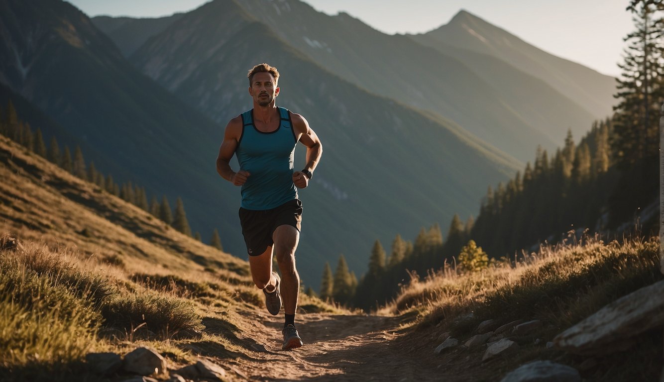A lone runner conquers a rugged trail, surrounded by towering mountains and dense forests. The sun casts long shadows as the runner's determination is evident in every step