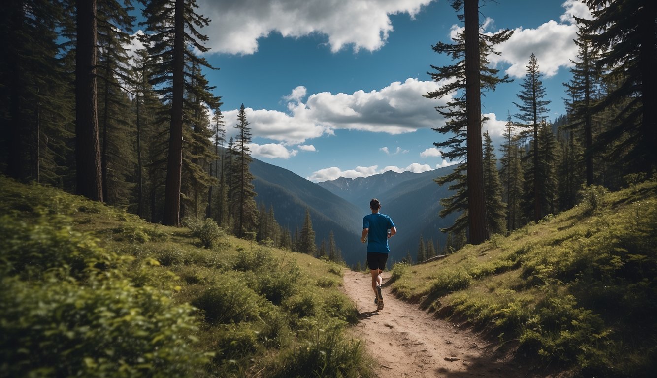A lone runner navigates a rugged trail, surrounded by towering trees and steep slopes. The sky is a mix of bright blue and swirling clouds, creating a sense of both calm and challenge