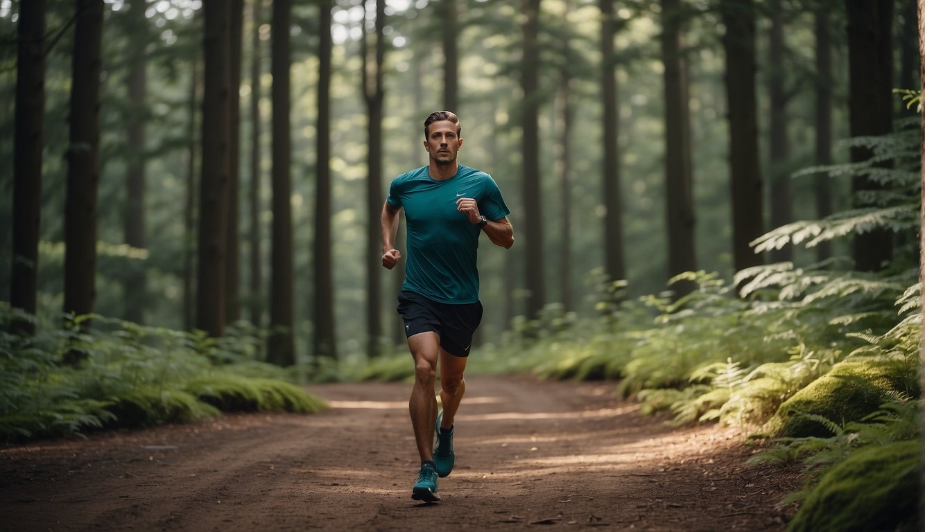 A runner visualizes the trail ahead, focusing on each step and maintaining a steady breathing rhythm. The serene forest surroundings provide a sense of calm and determination