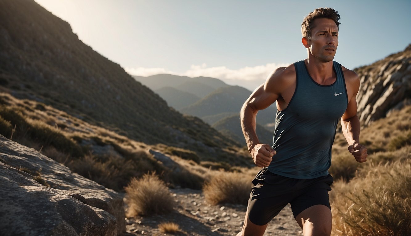 A runner with a straight spine and lifted chest, navigating rocky terrain with ease. The focus is on the upright posture and strong, balanced strides