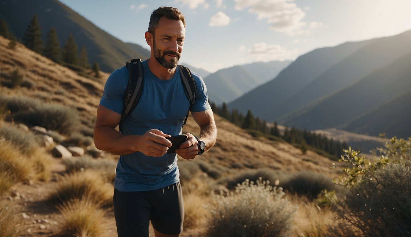A trail runner checks their progress on a smartwatch, surrounded by scenic nature. They set realistic goals and stay motivated while running